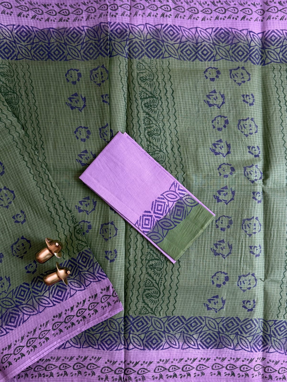 Pure Cotton with Checks Hand Block Prints - Green with Purple