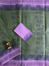 Pure Cotton with Checks Hand Block Prints - Green with Purple
