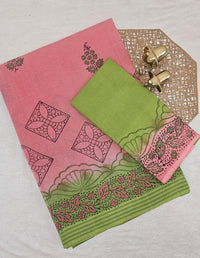 Pure Cotton with Checks Hand Block Prints - Onion Pink with Green