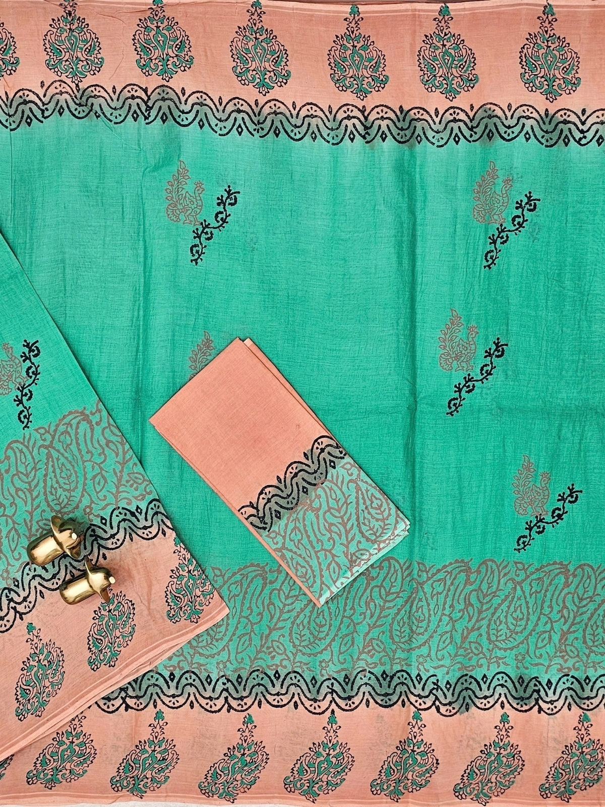 Pure Cotton with Hand Block Prints - Green with Peach