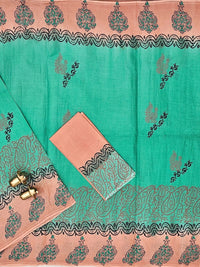 Pure Cotton with Hand Block Prints - Green with Peach
