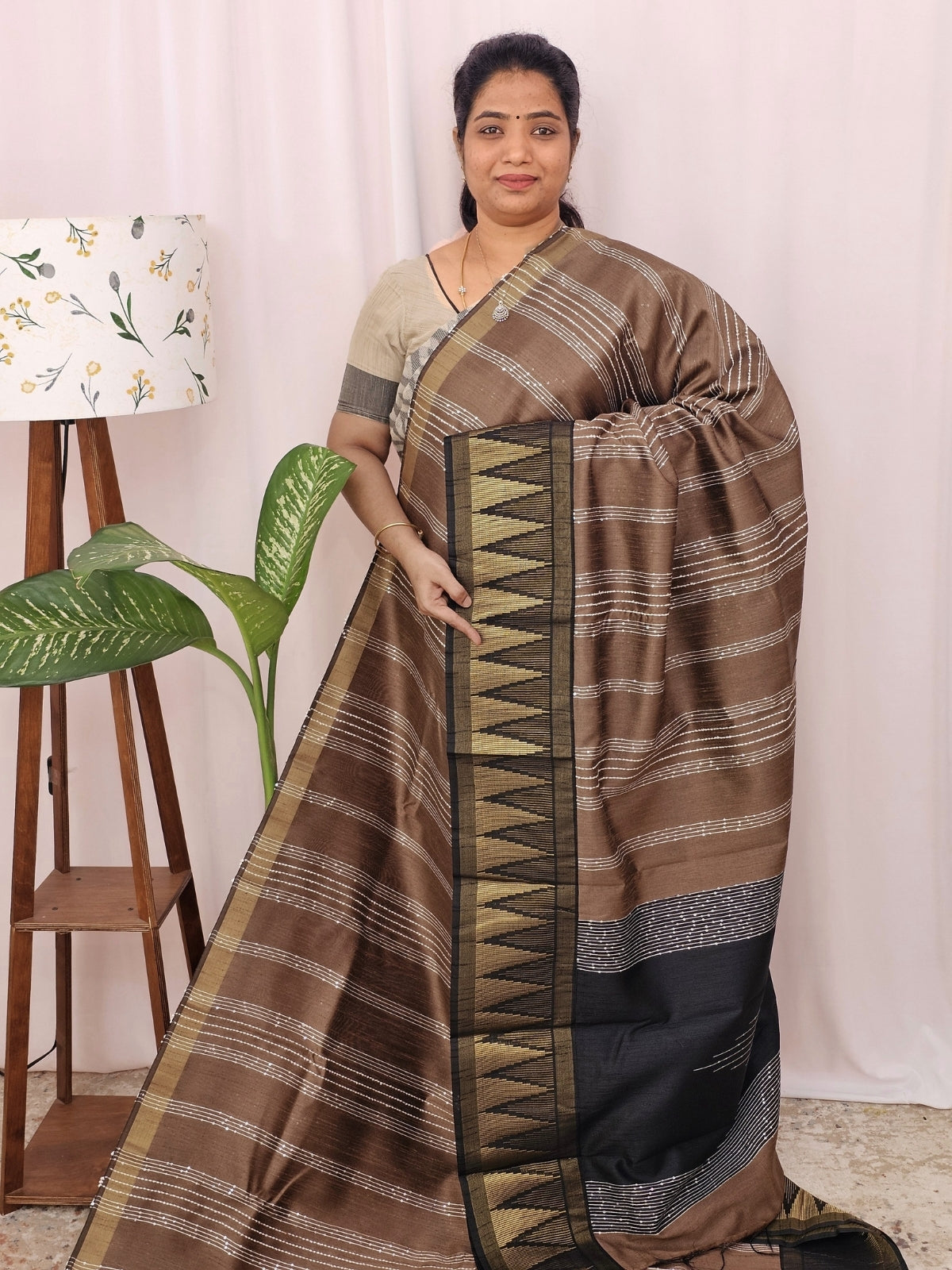 Semi Raw Silk Saree - Brown with Black