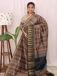 Semi Raw Silk Saree - Brown with Black