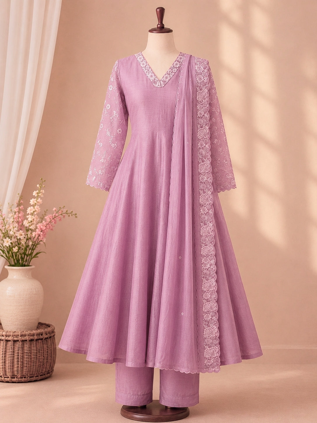 Mul Chanderi 3 pcs Salwar Suit -Dusty Rose Pink / Lavender