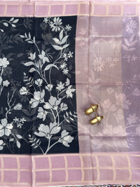 Premium Soft Semi Tussar Kota Weaving with Digital Prints - Black with Onion Pink