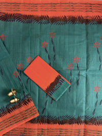 Pure Cotton with Checks Hand Block Prints - Green with Orange
