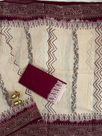 Pure Cotton with Checks Hand Block Prints - Cream with Maroon