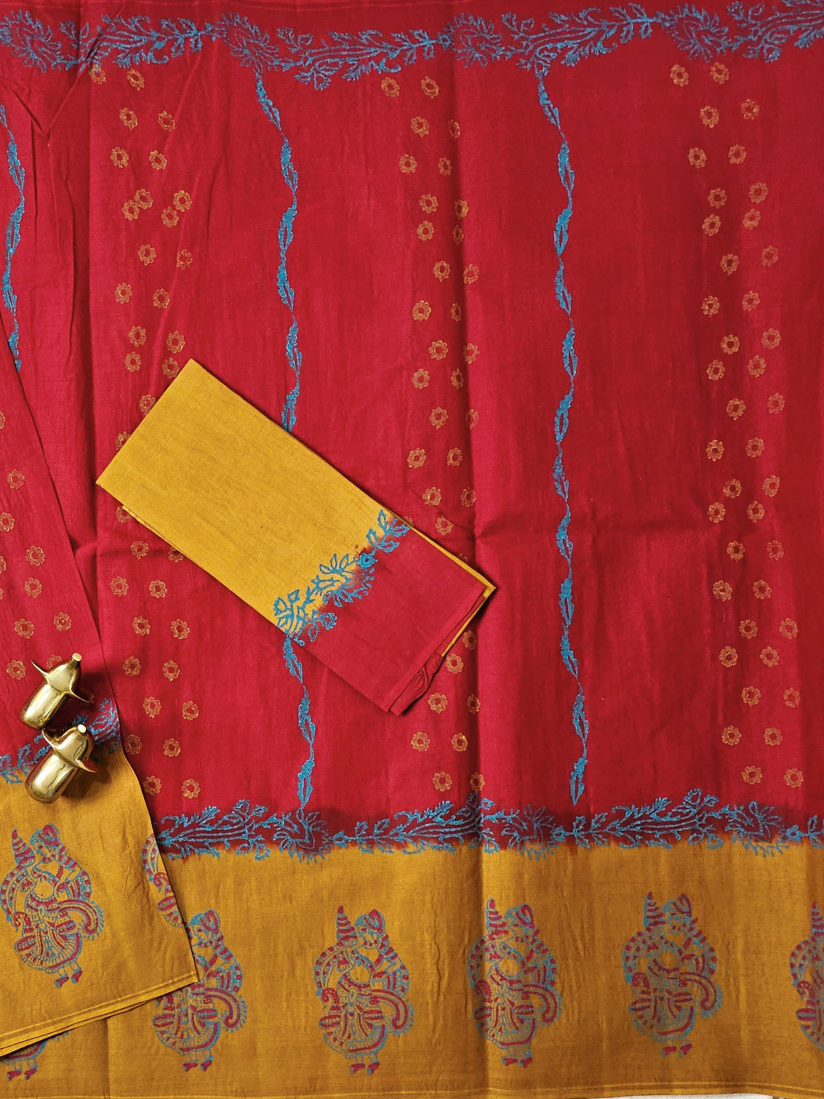 Pure Cotton with Hand Block Prints - Red with Mustard Yellow