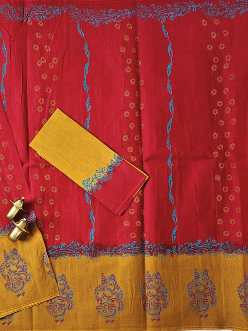 Pure Cotton with Hand Block Prints - Red with Mustard Yellow
