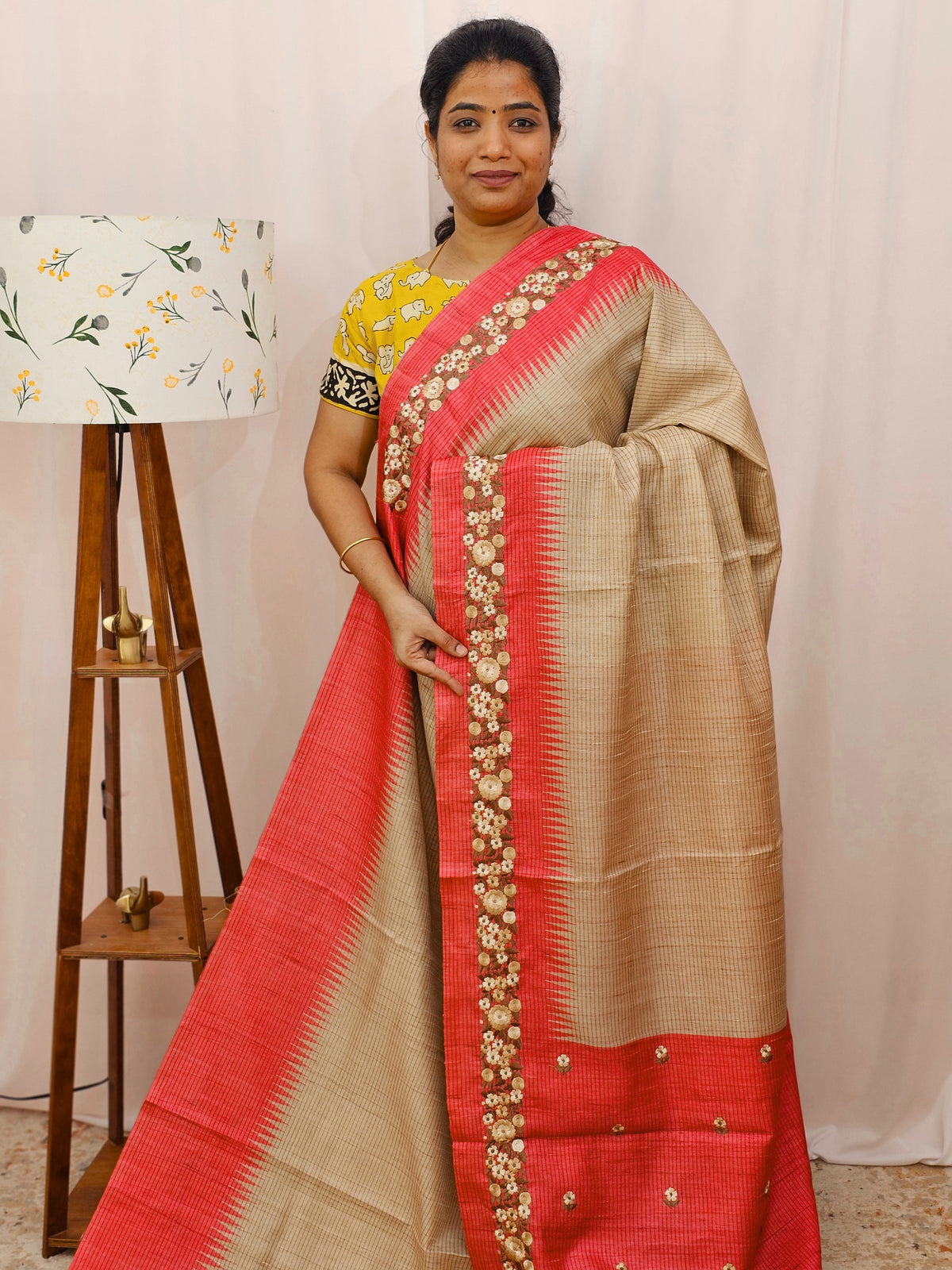 Premium Semi Tussar with  Heavy Floral Emboridery Saree - Red