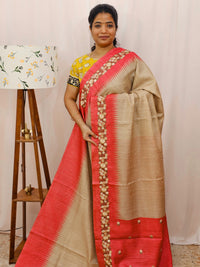 Premium Semi Tussar with  Heavy Floral Emboridery Saree - Red