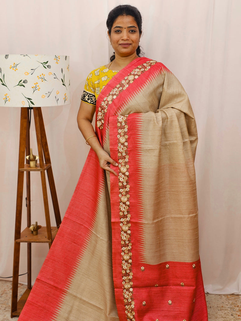 Premium Semi Tussar with  Heavy Floral Emboridery Saree - Red