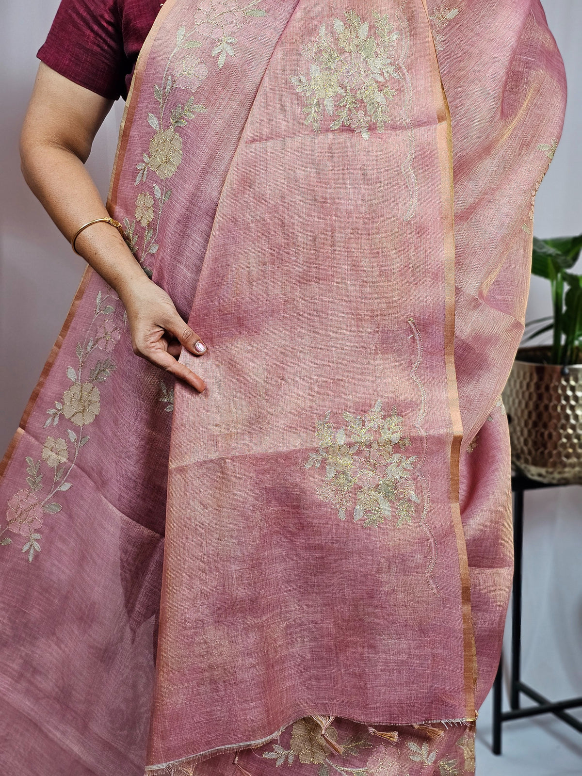Linen Tissue with Aari Work - Pink