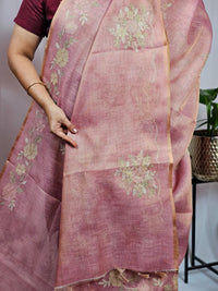 Linen Tissue with Aari Work - Pink