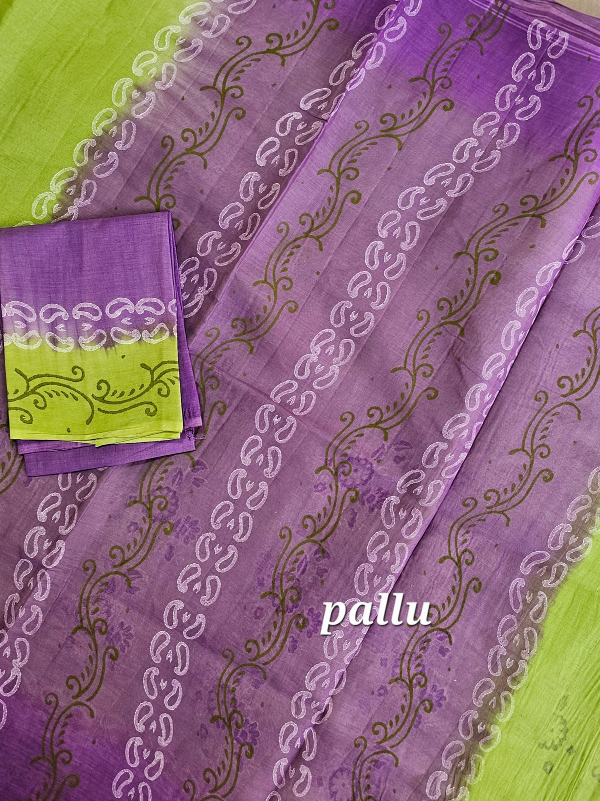 Pure Cotton with Hand Block Prints - Parrot Green with Purple