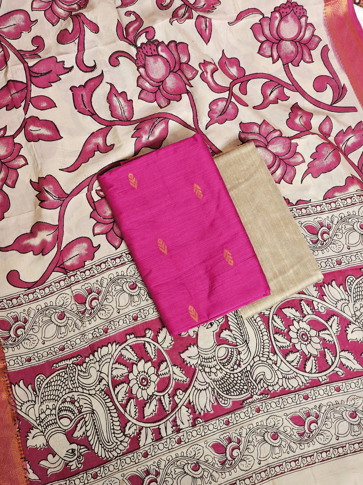 Raw Silk Unstitched Salwar - Pink with Beige