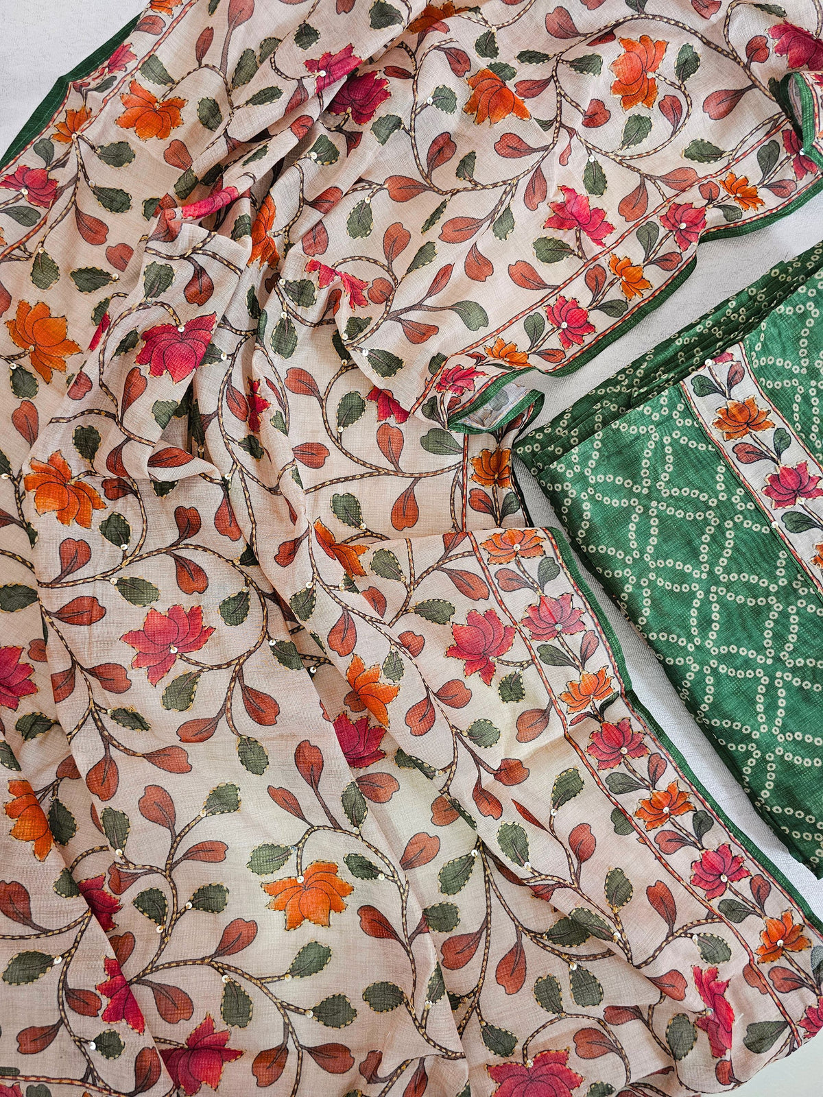 Chanderi with Kantha Unstitched Salwar Suit - Green