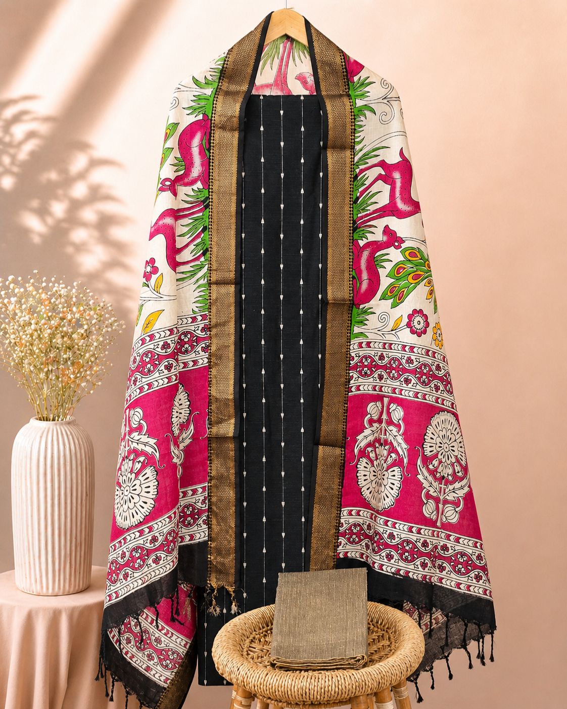 Raw Silk Unstitched Salwar Set – Black