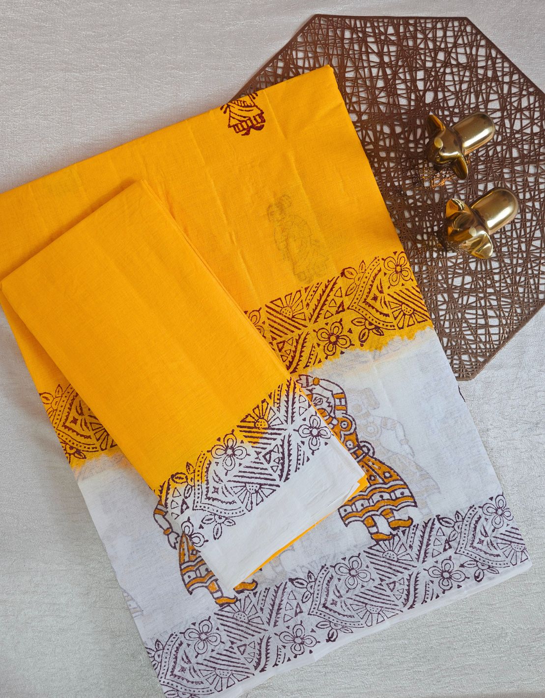 Pure Cotton with Hand Block Prints - Yellow with White