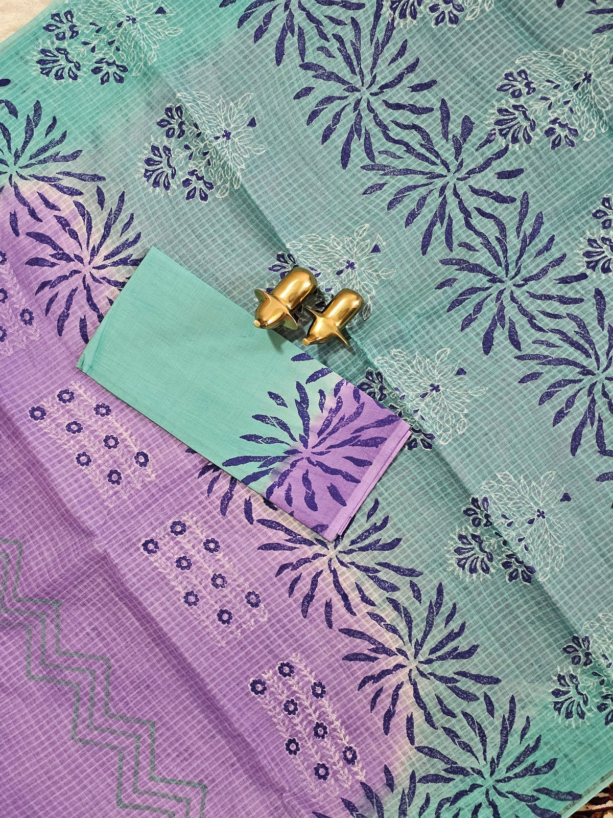 Pure Cotton with Checks Hand Block Prints - Purple with Sea Green