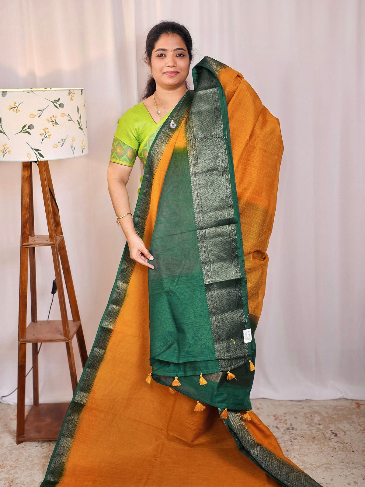 Jute Banarasi Saree - Mustard Yellow with Peacock Green
