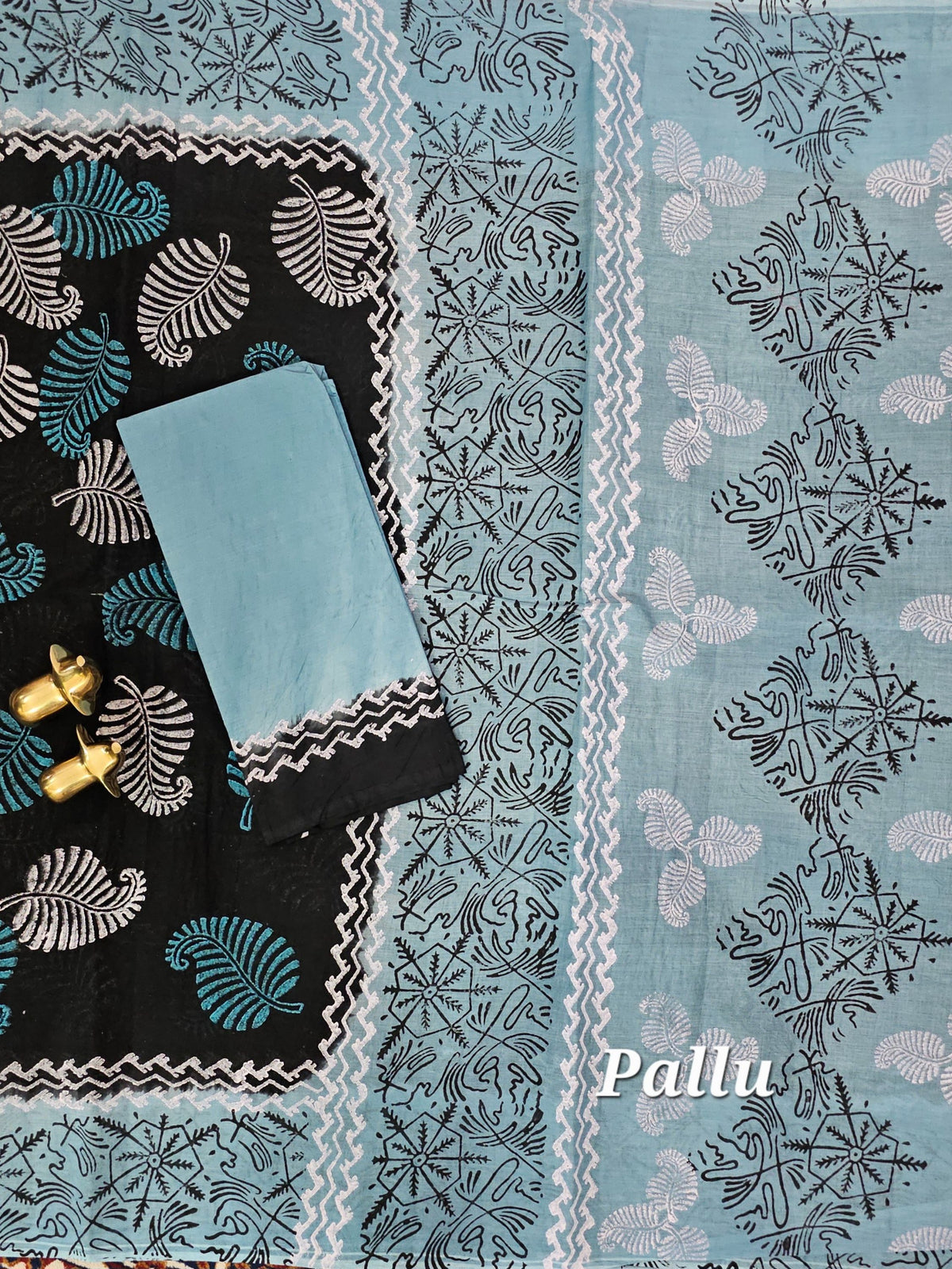 Pure Cotton with Hand Block Prints - Black with Blue