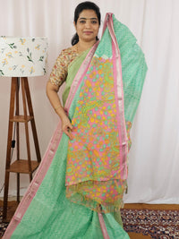 Handwoven Mangalagiri Pattu Saree with Digital Prints  - Green with Pink