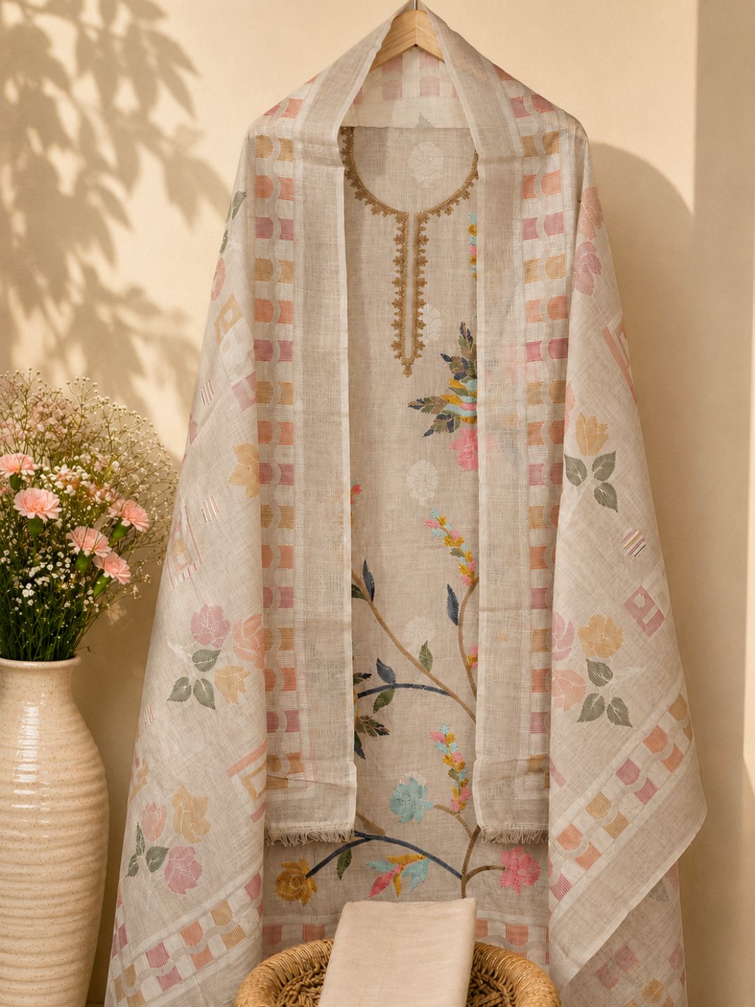 Soft Linen Tissue with Embroidery Unstitched Salwar Set – Cream