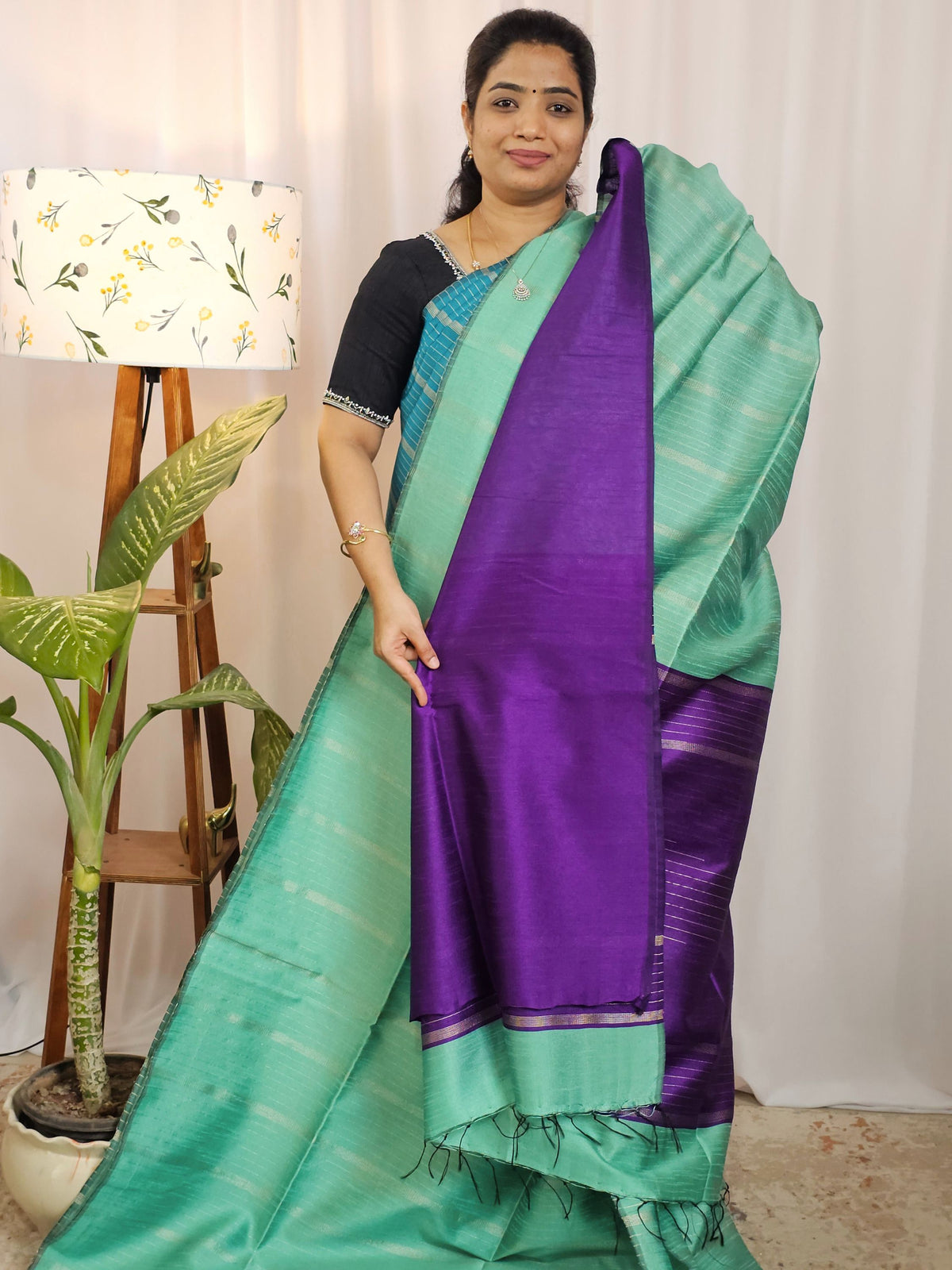 Semi Raw Silk -  Teel Green with Purple