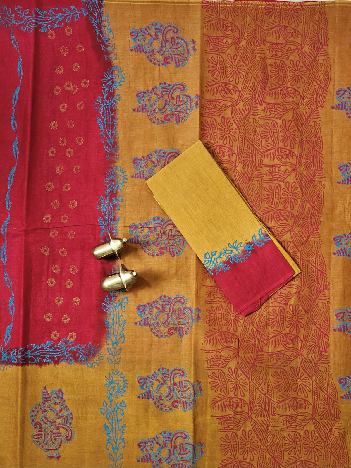 Pure Cotton with Hand Block Prints - Red with Mustard Yellow