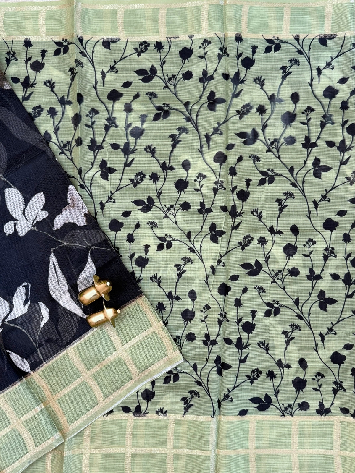 Premium Soft Semi Tussar Kota Weaving with Digital Prints - Black with Green