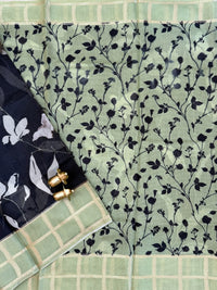 Premium Soft Semi Tussar Kota Weaving with Digital Prints - Black with Green