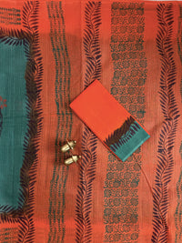 Pure Cotton with Checks Hand Block Prints - Green with Orange