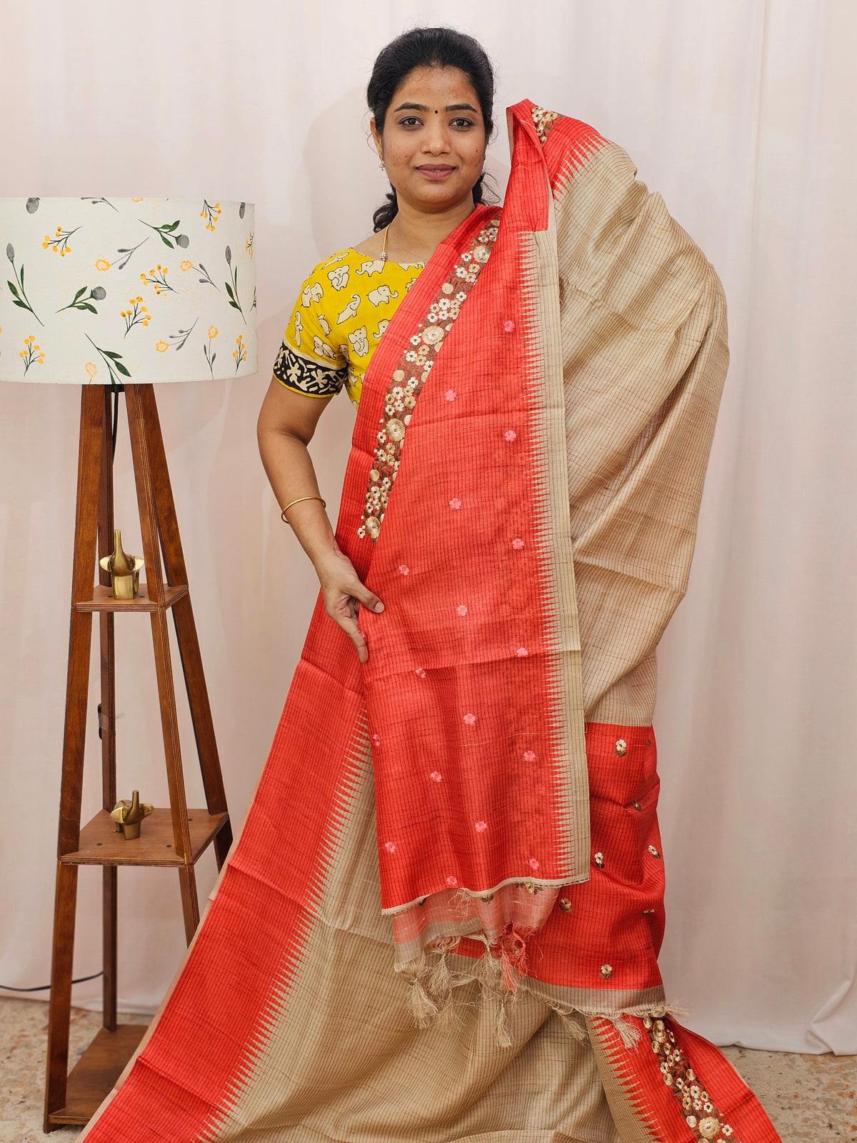 Premium Semi Tussar with  Heavy Floral Emboridery Saree - Red