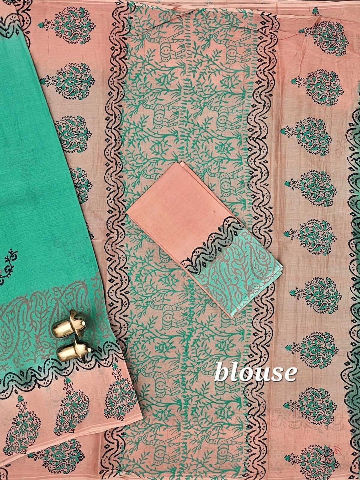 Pure Cotton with Hand Block Prints - Green with Peach