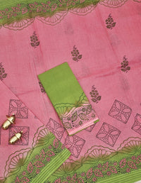 Pure Cotton with Checks Hand Block Prints - Onion Pink with Green