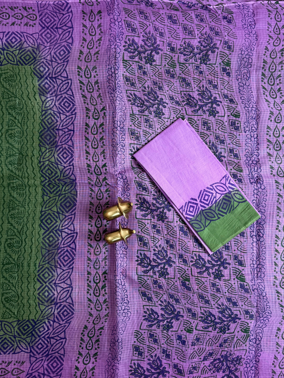 Pure Cotton with Checks Hand Block Prints - Green with Purple