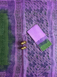 Pure Cotton with Checks Hand Block Prints - Green with Purple