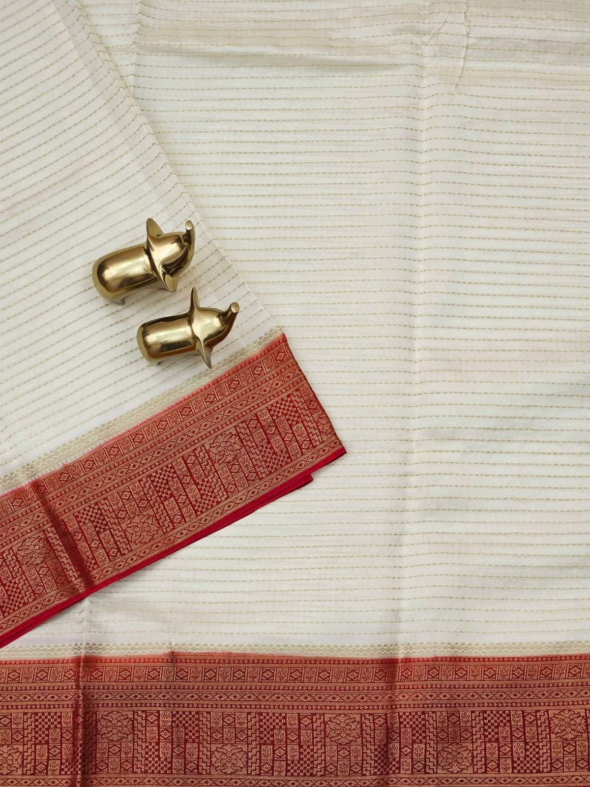 Semi Kathan Silk Saree - Off White with Red