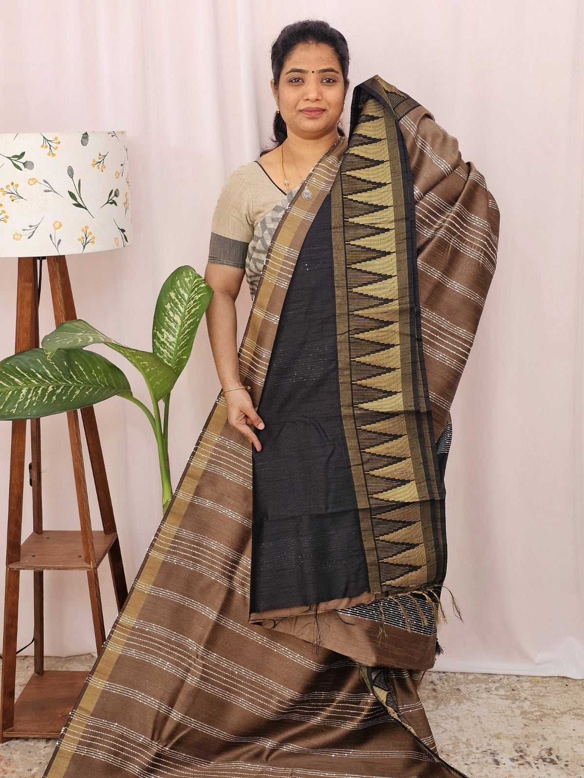 Semi Raw Silk Saree - Brown with Black