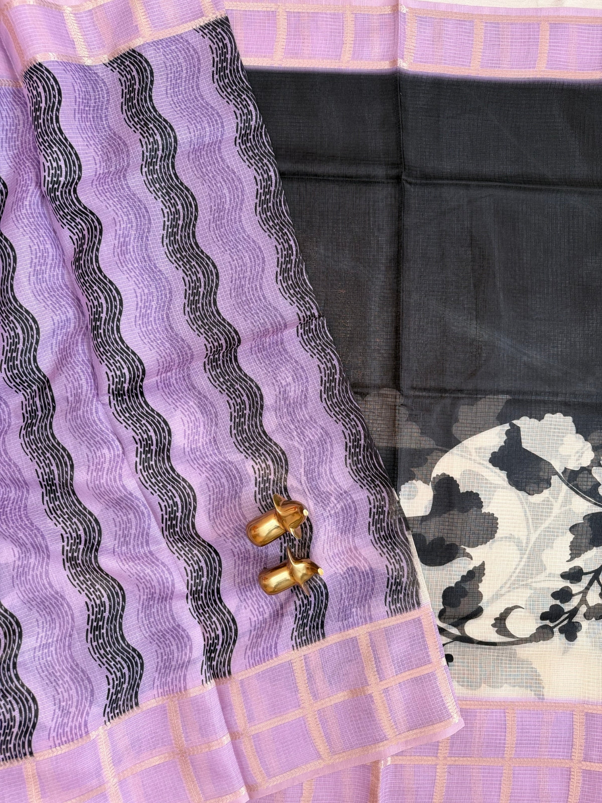 Premium Soft Semi Tussar Kota Weaving with Digital Prints - Cream with Lavender