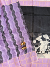 Premium Soft Semi Tussar Kota Weaving with Digital Prints - Cream with Lavender