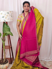 Jute Banarasi Silk Saree - Mustard Yellow with Pink