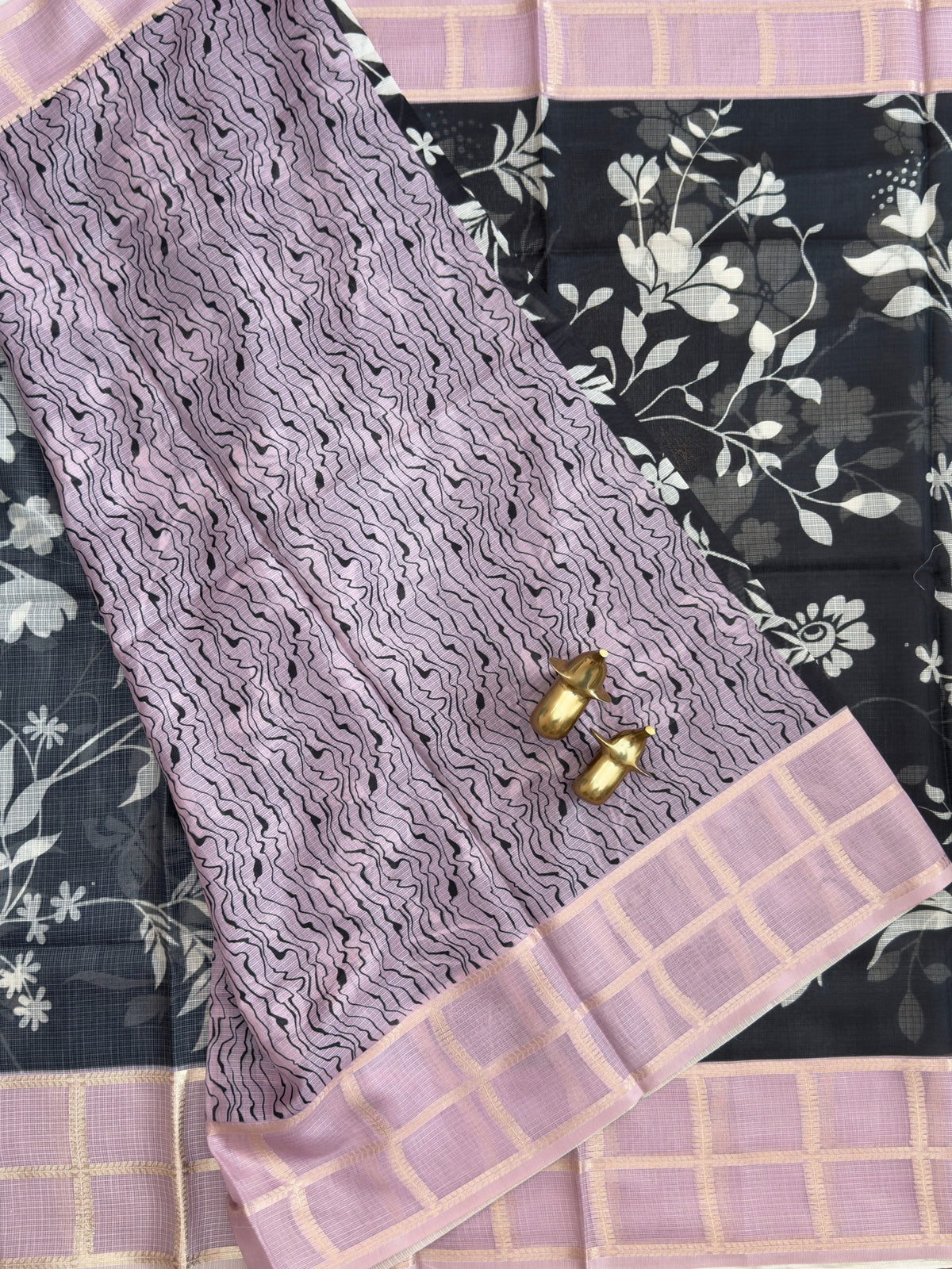 Premium Soft Semi Tussar Kota Weaving with Digital Prints - Black with Onion Pink