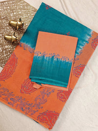 Pure Cotton with Hand Block Prints - Blue with  Orange