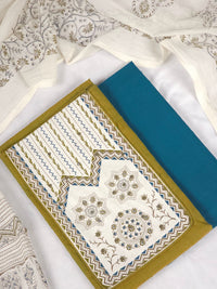 Cotton Unstitched Salwar - Mehondi Green with Peacock Blue