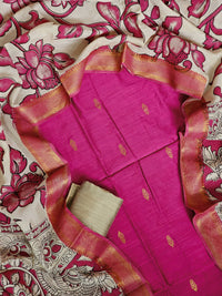 Raw Silk Unstitched Salwar - Pink with Beige