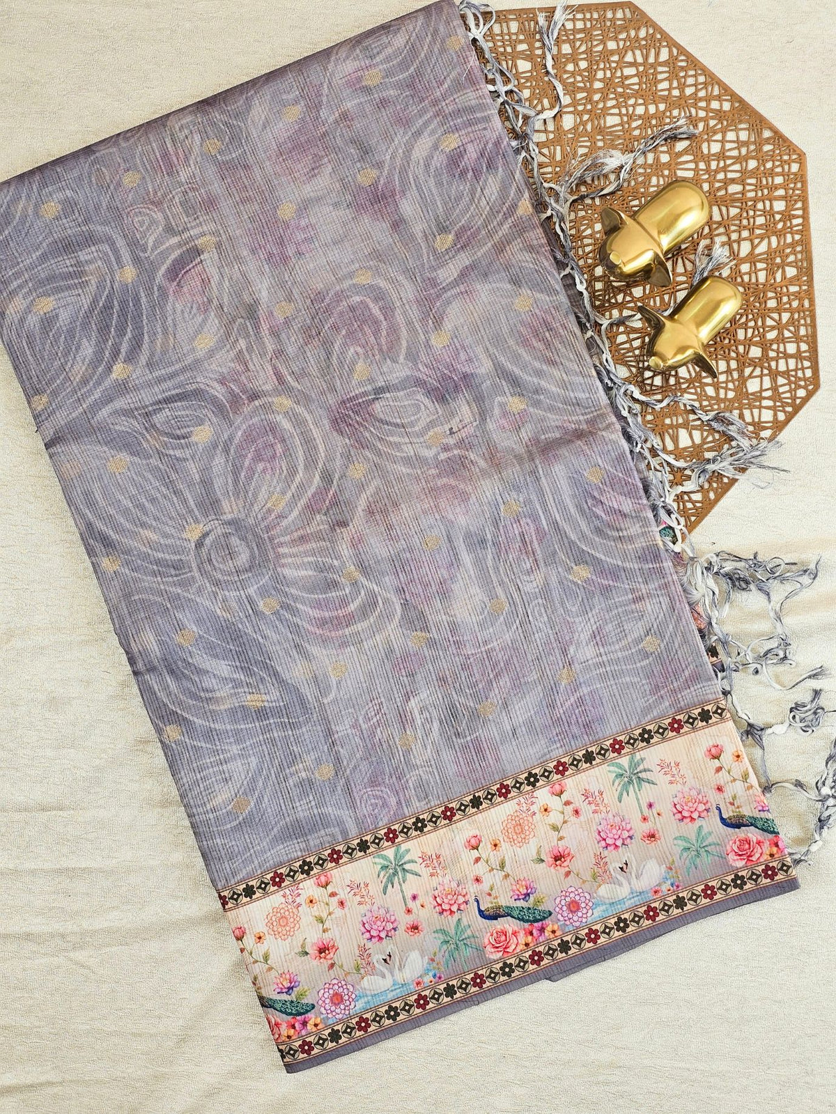 Unique Semi Tussar with Zari Weaving Butti - Grey