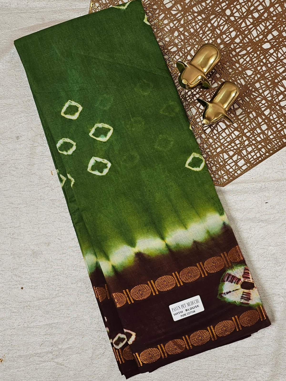 Madurai Sungadi Cotton Saree - Green with Brown