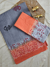 Pure Cotton with Hand Block Prints - Grey with Brown